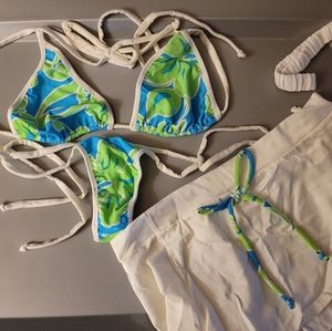 Handmade 4pc Tropical Print Tri-Top Thong Bikini w/ Garter & Matching Shorts
